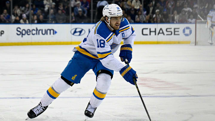 Nov 24, 2025; New York, New York, USA; St. Louis Blues center Robert Thomas (18) skates with the puck against the New York Rangers during the third period at Madison Square Garden. Mandatory Credit: Dennis Schneidler-Imagn Images