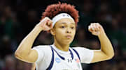 Notre Dame guard Hannah Hidalgo celebrates during the second round of the NCAA Women's Basketball Tournament between Notre Dame and Michigan at Purcell Pavilion on Sunday, March 23, 2025, in South Bend.