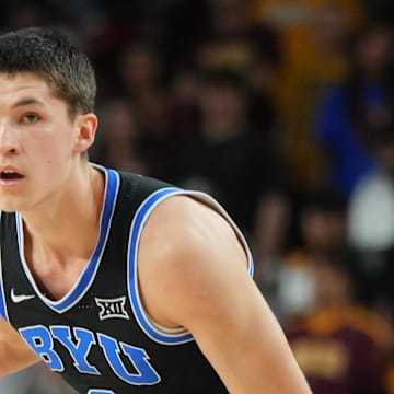Feb 26, 2025; Tempe, Arizona, USA; Brigham Young Cougars guard Egor Demin (3) controls the ball against the Arizona State Sun Devils at Desert Financial Arena. Mandatory Credit: Joe Camporeale-Imagn Images