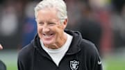 Dec 7, 2025; Paradise, Nevada, USA;  Las Vegas Raiders head coach Pete Carroll on the field prior to a game against the Denver Broncos at Allegiant Stadium. Mandatory Credit: Stephen R. Sylvanie-Imagn Images