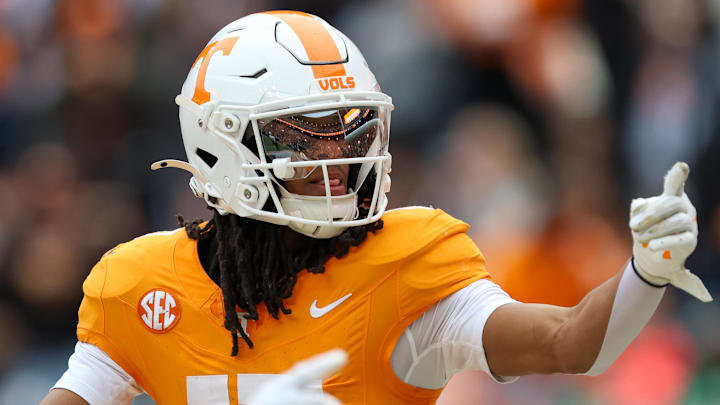 Nov 29, 2025; Knoxville, Tennessee, USA;  Tennessee Volunteers wide receiver Chris Brazzell II (17) celebrates a touchdown against the Vanderbilt Commodores during the first half at Neyland Stadium. Mandatory Credit: Randy Sartin-Imagn Images