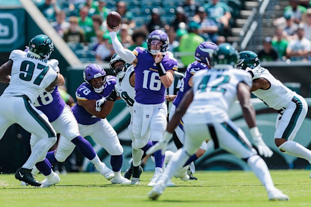 Minnesota Vikings quarterback Jaren Hall (16) throws against the Philadelphia Eagles.