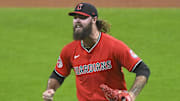 Sep 23, 2025; Cleveland, Ohio, USA; Cleveland Guardians relief pitcher Hunter Gaddis (33) reacts at the end of the eighth inning against the Detroit Tigers at Progressive Field. Mandatory Credit: David Richard-Imagn Images