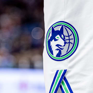 Detailed view of the Minnesota Timberwolves logo against the New Orleans Pelicans during the second half at the Smoothie King Center in New Orleans on Nov. 18, 2023.