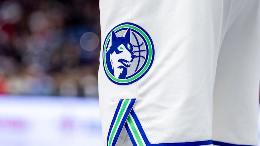 Detailed view of the Minnesota Timberwolves logo on Nov. 18, 2023. | Stephen Lew-Imagn Images