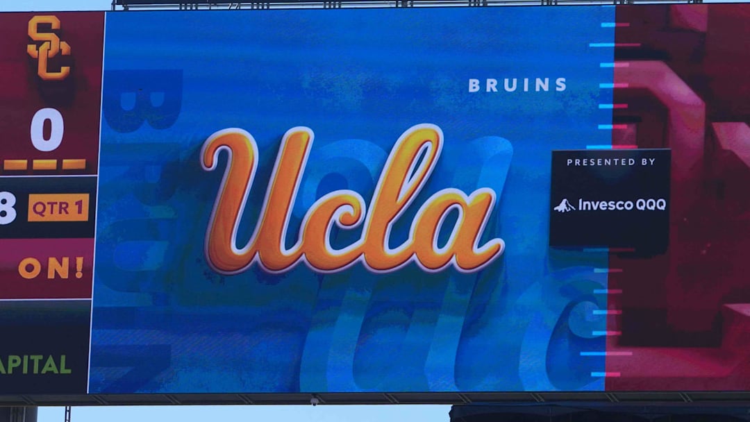 The UCLA Bruins logo on video board