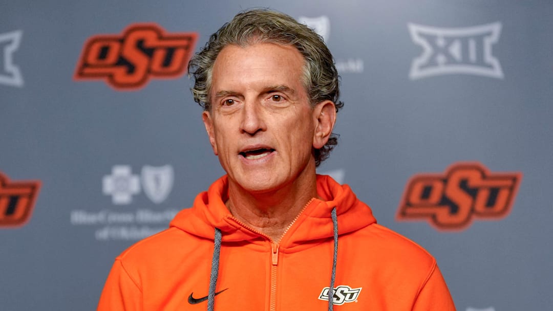 Oklahoma State offensive coordinator Doug Meacham speaks during a press conference at Boone Pickens Stadium in Stillwater Okla., on Thursday, Jan. 23, 2025.