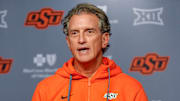 Oklahoma State offensive coordinator Doug Meacham speaks during a press conference at Boone Pickens Stadium in Stillwater Okla., on Thursday, Jan. 23, 2025.