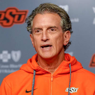 Oklahoma State offensive coordinator Doug Meacham speaks during a press conference at Boone Pickens Stadium in Stillwater Okla., on Thursday, Jan. 23, 2025.