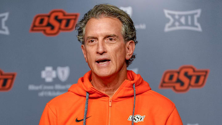 Oklahoma State offensive coordinator Doug Meacham speaks during a press conference at Boone Pickens Stadium in Stillwater Okla., on Thursday, Jan. 23, 2025. Oklahoma State offensive coordinator Doug Meacham speaks during a press conference at Boone Pickens Stadium in Stillwater Okla., on Thursday, Jan. 23, 2025.