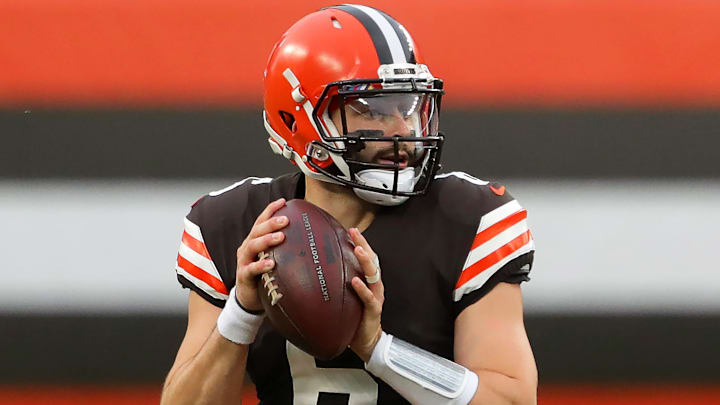 Cleveland Browns quarterback Baker Mayfield (6) in action during the first half of an NFL football game against the Indianapolis Colts, Sunday, Oct. 11, 2020, in Cleveland, Ohio. [Jeff Lange/Beacon Journal]