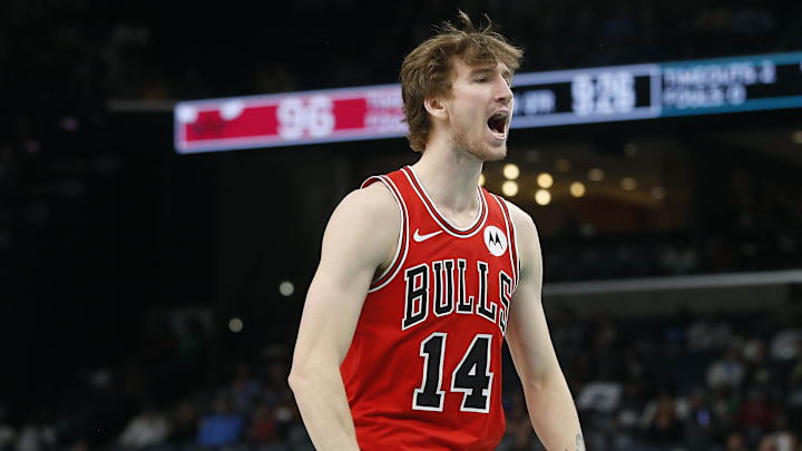 Mar 28, 2026; Memphis, Tennessee, USA; Chicago Bulls forward Matas Buzelis (14) reacts during the fourth quarter against the Memphis Grizzlies at FedExForum. Mandatory Credit: Petre Thomas-Imagn Images