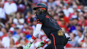 Jul 11, 2025; Cincinnati, Ohio, USA; Cincinnati Reds shortstop Elly De La Cruz (44) runs to third after hitting a triple in the third inning against the Colorado Rockies at Great American Ball Park. Mandatory Credit: Katie Stratman-Imagn Images