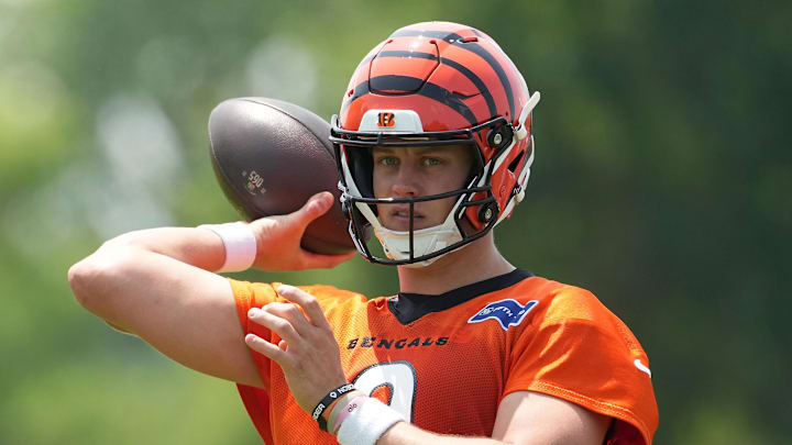 Cincinnati Bengals quarterback Joe Burrow throws a pass during practice. Cincinnati Bengals quarterback Joe Burrow throws a pass during practice.