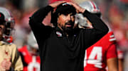 Ohio State Buckeyes head coach Ryan Day watches the scoreboard during the second half of the NCAA football game against the Nebraska Cornhuskers at Ohio Stadium in Columbus on Saturday, Oct. 26, 2024. Ohio State won 21-17.
