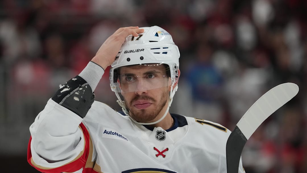 May 20, 2025; Raleigh, North Carolina, USA;  Florida Panthers forward Evan Rodrigues (17) looks on during the third period against the Carolina Hurricanes in game one of the Eastern Conference Final of the 2025 Stanley Cup Playoffs at Lenovo Center. Mandatory Credit: James Guillory-Imagn Images