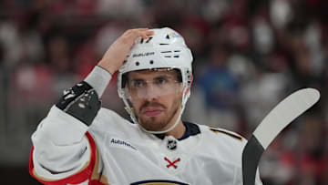May 20, 2025; Raleigh, North Carolina, USA;  Florida Panthers forward Evan Rodrigues (17) looks on during the third period against the Carolina Hurricanes in game one of the Eastern Conference Final of the 2025 Stanley Cup Playoffs at Lenovo Center. Mandatory Credit: James Guillory-Imagn Images