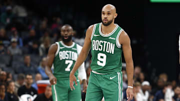 Oct 8, 2025; Memphis, Tennessee, USA; Boston Celtics guard Derrick White (9) looks on during the second quarter against the Memphis Grizzlies at FedExForum. Mandatory Credit: Petre Thomas-Imagn Images