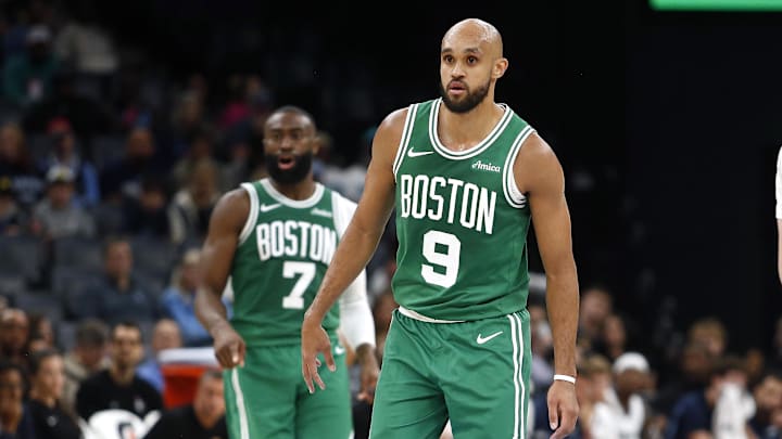 Oct 8, 2025; Memphis, Tennessee, USA; Boston Celtics guard Derrick White (9) looks on during the second quarter against the Memphis Grizzlies at FedExForum. Mandatory Credit: Petre Thomas-Imagn Images
