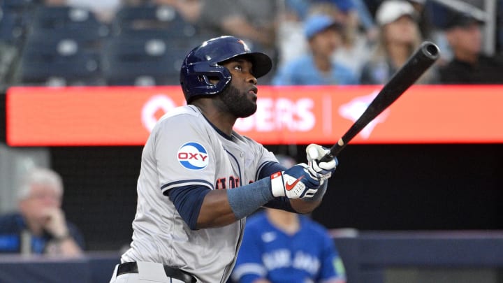 Houston Astros left fielder Yordan Alvarez (44) hits a three run home run against the Toronto Blue Jays in the fifth inning at Rogers Centre on July 2.