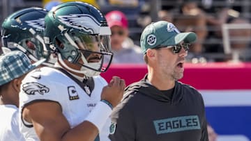 Philadelphia Eagles quarterback Jalen Hurts (1) and head coach Nick Sirianni pregame against the New York Giants at MetLife Stadium.