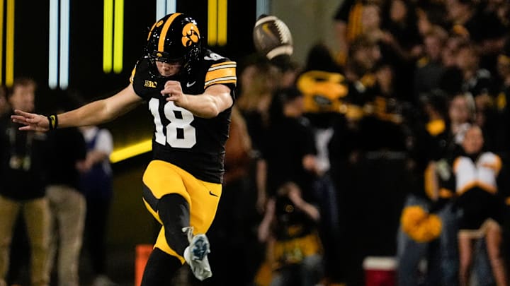 Iowa Hawkeyes kicker Drew Stevens (18) kicks to Penn State during a college football game Oct. 18, 2025 at Kinnick Stadium in Iowa City, Iowa.