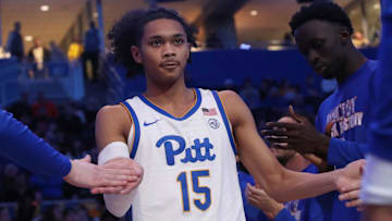 Feb 18, 2025; Pittsburgh, Pennsylvania, USA;  Pittsburgh Panthers guard Jaland Lowe (15) during player introductions against the Syracuse Orange at the Petersen Events Center. Mandatory Credit: Charles LeClaire-Imagn Images