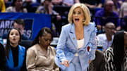 LSU Lady Tigers head coach Kim Mulkey reacts to a play against the San Diego State Aztecs during the first half at Pete Maravich Assembly Center.