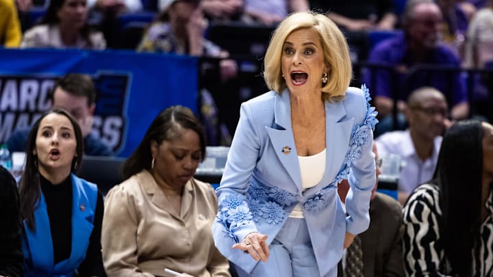 LSU Lady Tigers head coach Kim Mulkey reacts to a play against the San Diego State Aztecs during the first half at Pete Maravich Assembly Center. LSU Lady Tigers head coach Kim Mulkey reacts to a play against the San Diego State Aztecs during the first half at Pete Maravich Assembly Center.