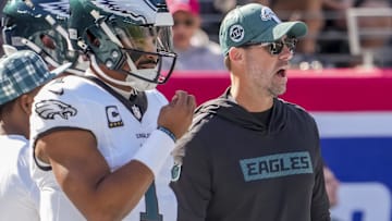 Philadelphia Eagles quarterback Jalen Hurts (1) and head coach Nick Sirianni pregame against the New York Giants at MetLife Stadium.