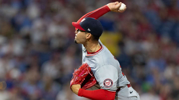 Aug 15, 2024; Philadelphia, Pennsylvania, USA; Washington Nationals pitcher Orlando Ribalta (64) throws a pitch during the eighth inning against the Philadelphia Phillies at Citizens Bank Park