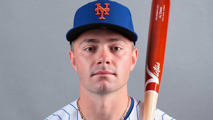 Feb 19, 2026; Port St. Lucie, FL, USA; New York Mets outfielder A.J. Ewing (97) poses for a photo during media day at Clover Park. Mandatory Credit: Sam Navarro-Imagn Images