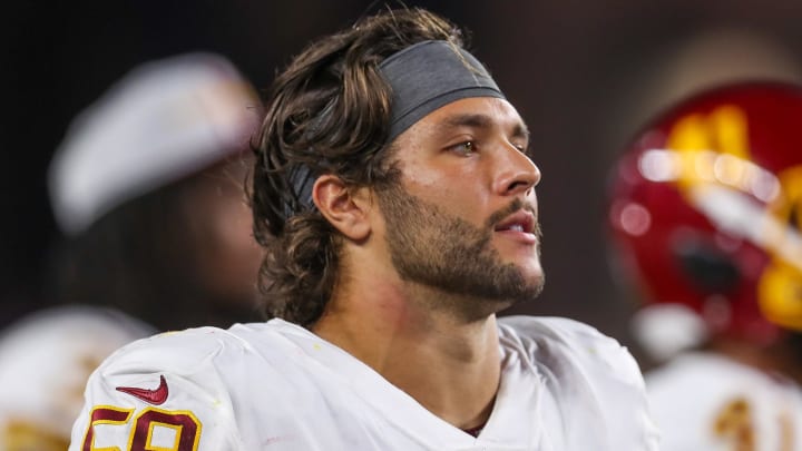 Aug 12, 2021; Foxborough, Massachusetts, USA; Washington Football Team inside linebacker Jordan Kunaszyk (59) at Gillette Stadium.