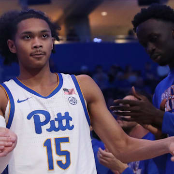 Feb 18, 2025; Pittsburgh, Pennsylvania, USA;  Pittsburgh Panthers guard Jaland Lowe (15) during player introductions against the Syracuse Orange at the Petersen Events Center. Mandatory Credit: Charles LeClaire-Imagn Images