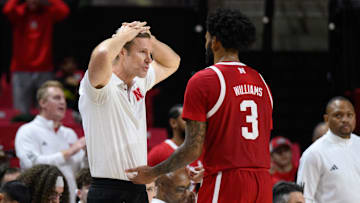 Jan 19, 2025; College Park, Maryland, USA; Nebraska Cornhuskers head coach Fred Hoiberg talks with Nebraska Cornhuskers guard Brice Williams (3) during the second half against the Maryland Terrapins at Xfinity Center. Mandatory Credit: Reggie Hildred-Imagn Images