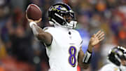 Nov 16, 2025; Cleveland, Ohio, USA; Baltimore Ravens quarterback Lamar Jackson (8) throws downfield during the second quarter against the Cleveland Browns at Huntington Bank Field. Mandatory Credit: Scott Galvin-Imagn Images