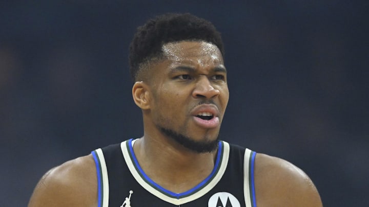 Nov 17, 2025; Cleveland, Ohio, USA; Milwaukee Bucks forward Giannis Antetokounmpo (34) reacts in the first quarter against the Cleveland Cavaliers at Rocket Arena. Mandatory Credit: David Richard-Imagn Images