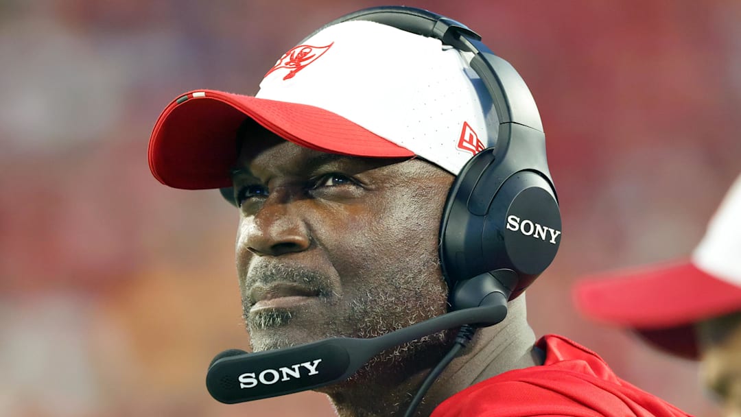 Aug 9, 2025; Tampa, Florida, USA; Tampa Bay Buccaneers head coach Todd Bowles looks on against the Tennessee Titans during the first half at Raymond James Stadium. Mandatory Credit: Kim Klement Neitzel-Imagn Images