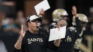 Aug 17, 2025; New Orleans, Louisiana, USA; New Orleans Saints head coach Kellen Moore calls for the field goal unit against the Jacksonville Jaguars during the first half at Caesars Superdome. Mandatory Credit: Matthew Hinton-Imagn Images