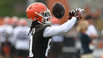 Jun 12, 2025; Berea, OH, USA; Cleveland Browns wide receiver Michael Woods II (81) misses a catch during mini camp at CrossCountry Mortgage Campus. Mandatory Credit: Ken Blaze-Imagn Images