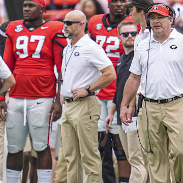 Sep 7, 2024; Athens, Georgia, USA; Georgia Bulldogs head coach Kirby Smart reacts on the sidelines against the Tennessee Tech Golden Eagles during the second half at Sanford Stadium. Mandatory Credit: Dale Zanine-Imagn Images