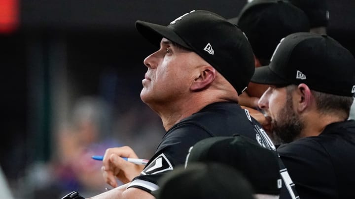 Jul 22, 2024; Arlington, Texas, USA; Chicago White Sox manager Pedro Grifol (5) looks on from the dugout during the tenth inning against the Texas Rangers at Globe Life Field. Mandatory Credit: Raymond Carlin III-USA TODAY Sports