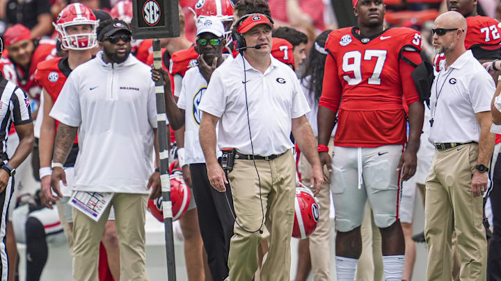 Sep 7, 2024; Athens, Georgia, USA; Georgia Bulldogs head coach Kirby Smart reacts on the sidelines against the Tennessee Tech Golden Eagles during the second half at Sanford Stadium. Mandatory Credit: Dale Zanine-Imagn Images