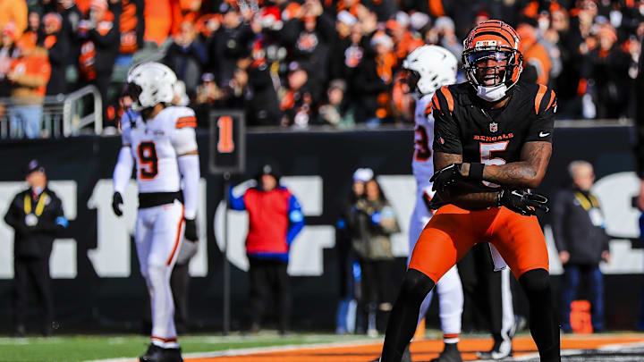 Tee Higgins celebrates catching Joe Burrow’s incredible touchdown pass. Tee Higgins celebrates catching Joe Burrow’s incredible touchdown pass.