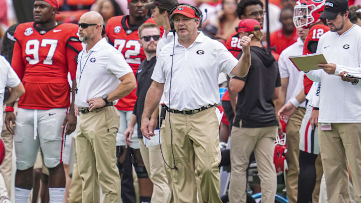 Sep 7, 2024; Athens, Georgia, USA; Georgia Bulldogs head coach Kirby Smart reacts on the sidelines against the Tennessee Tech Golden Eagles during the second half at Sanford Stadium. Mandatory Credit: Dale Zanine-Imagn Images