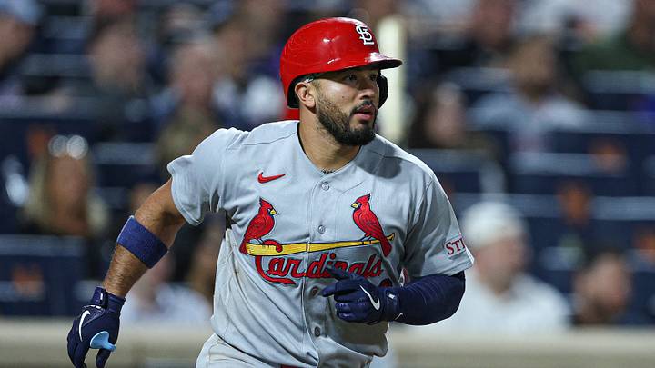 Jun 9, 2026; New York City, New York, USA; St. Louis Cardinals designated hitter Ivan Herrera (48) doubles during the seventh inning against the New York Mets at Citi Field. Mandatory Credit: Vincent Carchietta-Imagn Images
