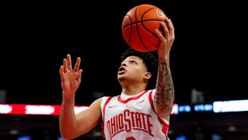 Ohio State Buckeyes guard John Mobley Jr. (0) shoots the ball against the Mount St. Mary's Mountaineers in the first half of the NCAA basketball game at Value City Arena on Tuesday, Nov. 25, 2025 in Columbus, Ohio.