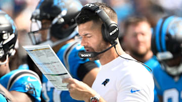Sep 21, 2025; Charlotte, North Carolina, USA;  Carolina Panthers head coach Dave Canales on the sidelines in the fourth quarter at Bank of America Stadium. 