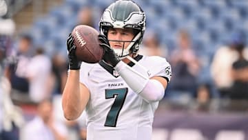 Philadelphia Eagles quarterback Kenny Pickett (7) warms up before a game against the New England Patriots at Gillette Stadium.