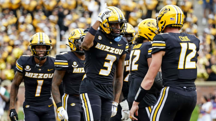 Sep 16, 2023; Columbia, Missouri, USA; Missouri Tigers wide receiver Luther Burden III (3) celebrates with teammates after scoring a touchdown during the second half against the Kansas State Wildcats at Faurot Field at Memorial Stadium. Mandatory Credit: Jay Biggerstaff-USA TODAY Sports